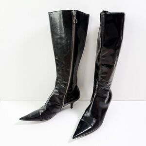 Giancarlo Paoli Woman Black Patent Leather Point Toe Kitten Heel Knee High Boots